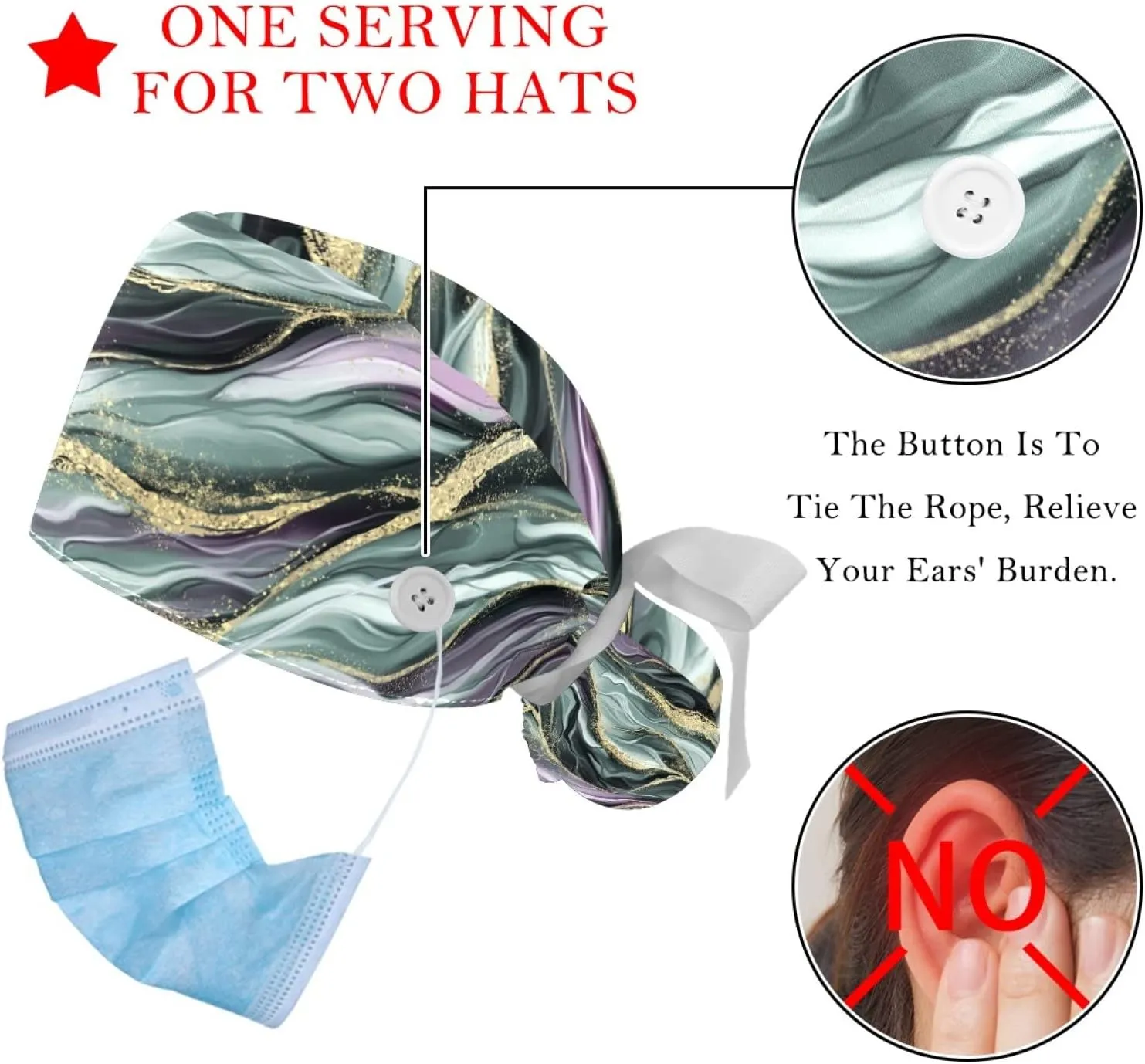 2 Pcs Working Cap with Buttons Sweatband Cute Bear Ribbon Tie Back Bouffant Hats
