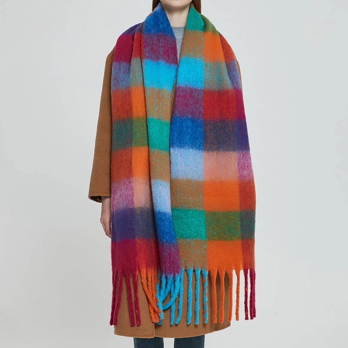 Accity | PLAID PATTERN FRINGE TRIM WINTER SCARF: PINK/BLUE