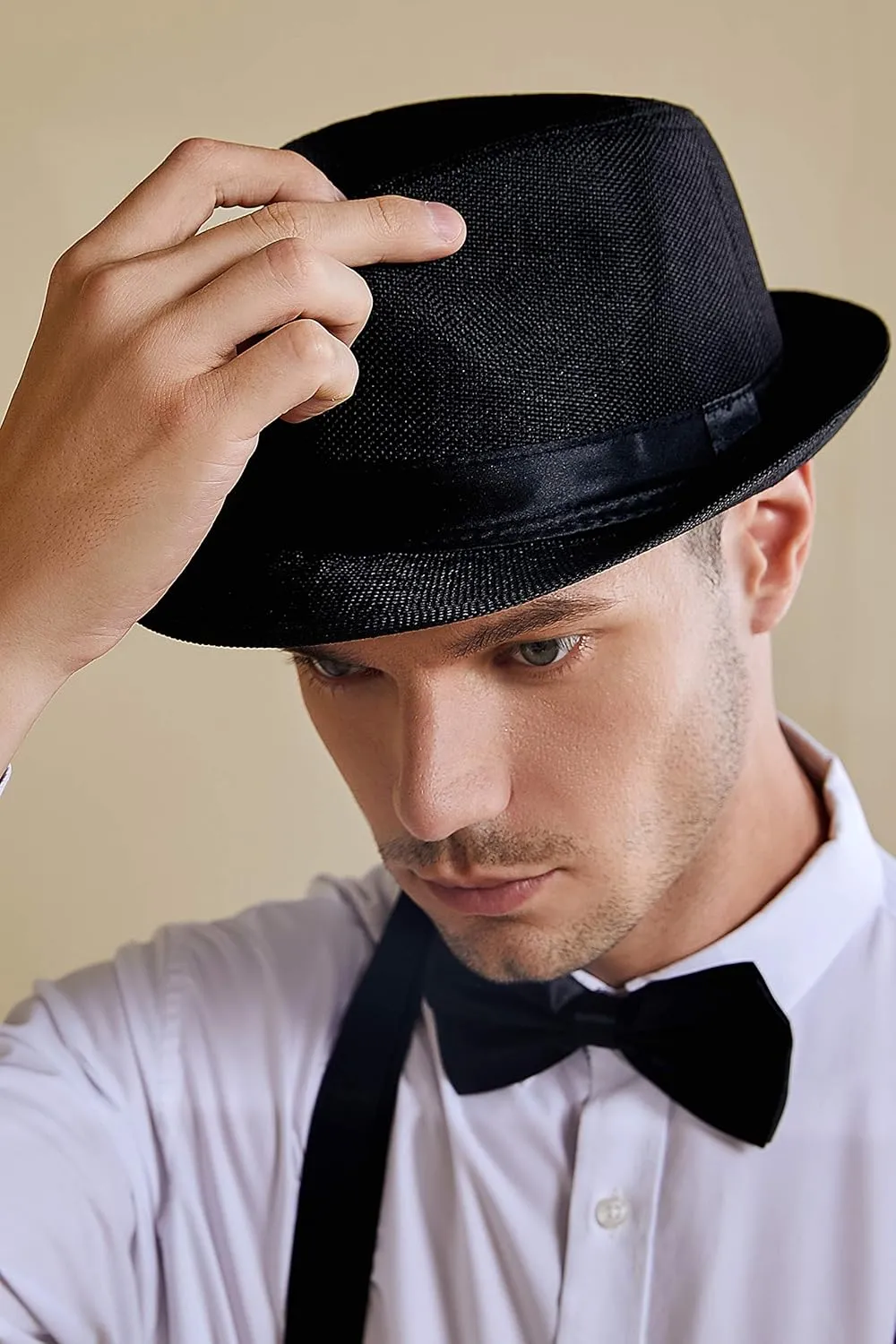 BABEYOND Straw Trilby Fedora Hat for Men-1920s Felt Panama Hat Short Brim Summer Cap with Ribbon