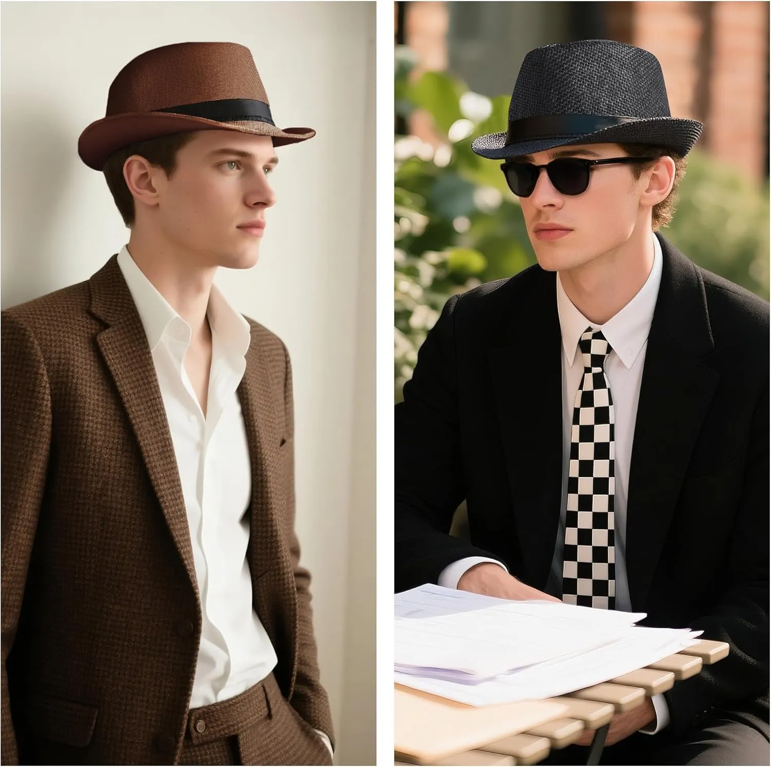 BABEYOND Straw Trilby Fedora Hat for Men-1920s Felt Panama Hat Short Brim Summer Cap with Ribbon