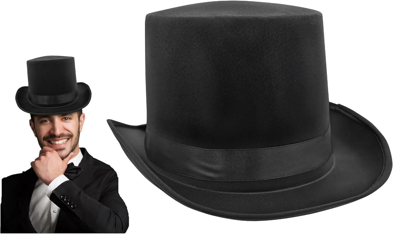 Bigs Novelties Steampunk Accessories Mens Large Top Hat Tall Black Satin Regency Hat for Circus Ringmaster, Victorian, Roaring 20s, Magician, Formal, Costume, Tuxedo, Deluxe High Crown