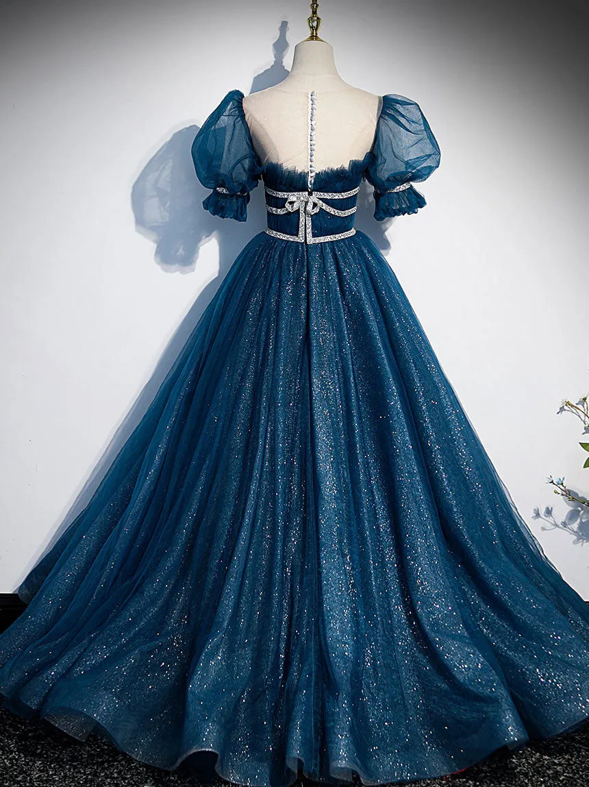 Blue Tulle Off Shoulder Long Prom Dress Blue Tulle Formal Dress
