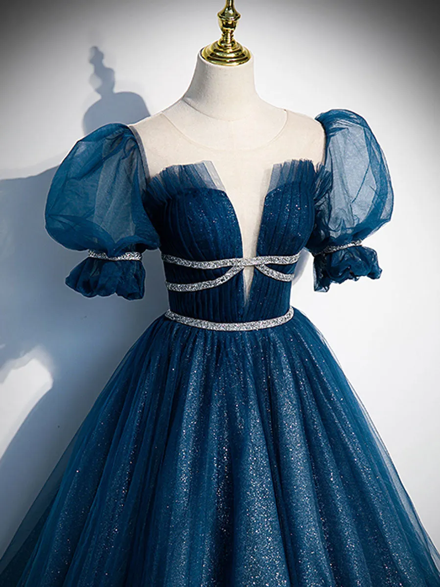 Blue Tulle Off Shoulder Long Prom Dress Blue Tulle Formal Dress