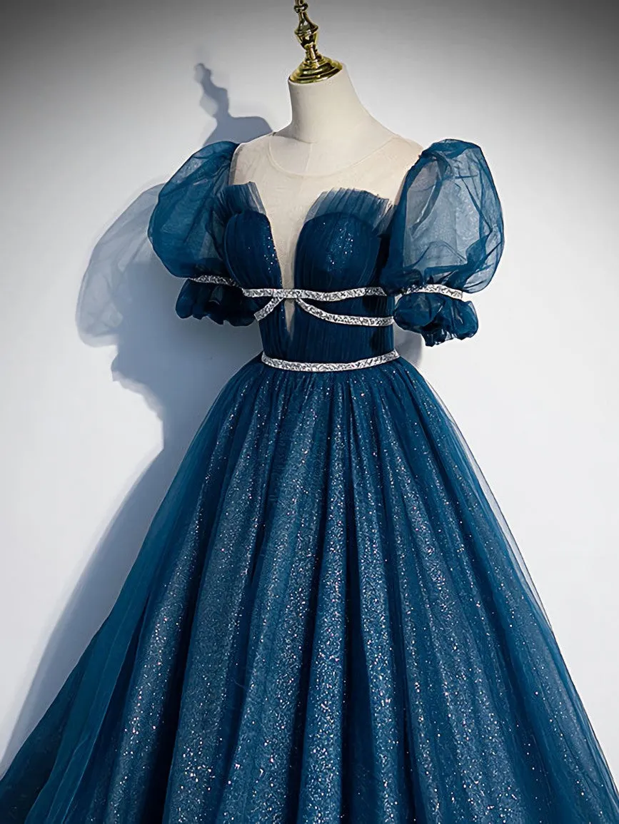 Blue Tulle Off Shoulder Long Prom Dress Blue Tulle Formal Dress
