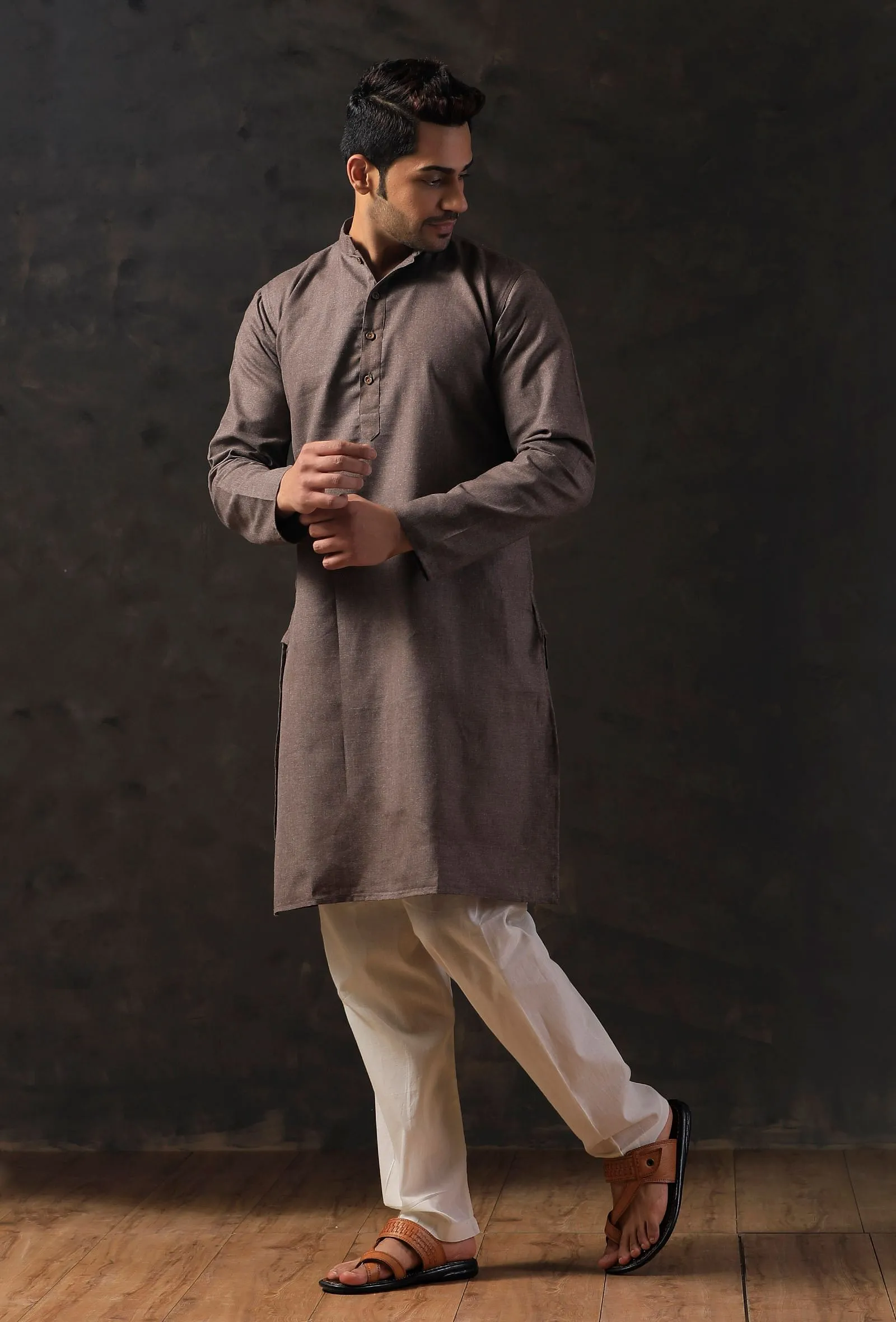 Charcoal Grey Silk Kurta with Cotton Pyjama