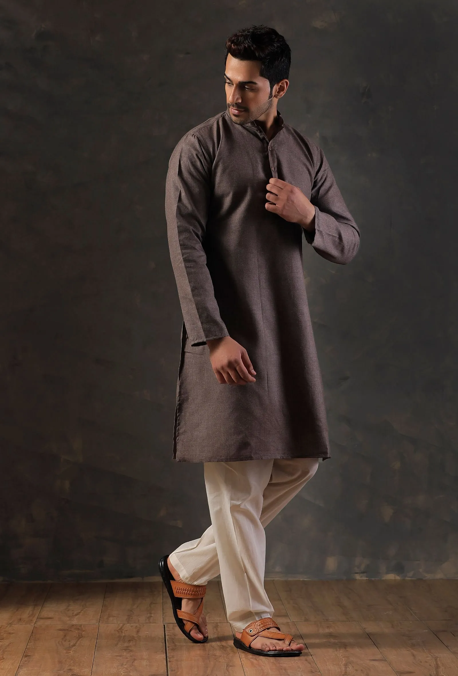 Charcoal Grey Silk Kurta with Cotton Pyjama