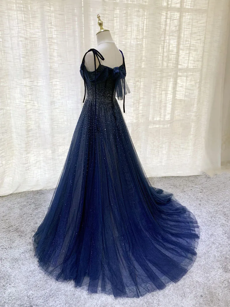 Dark Blue Tulle Sequin Long Prom Dress Blue Tulle Formal Dress