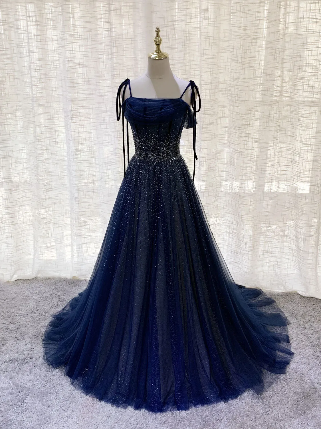 Dark Blue Tulle Sequin Long Prom Dress Blue Tulle Formal Dress