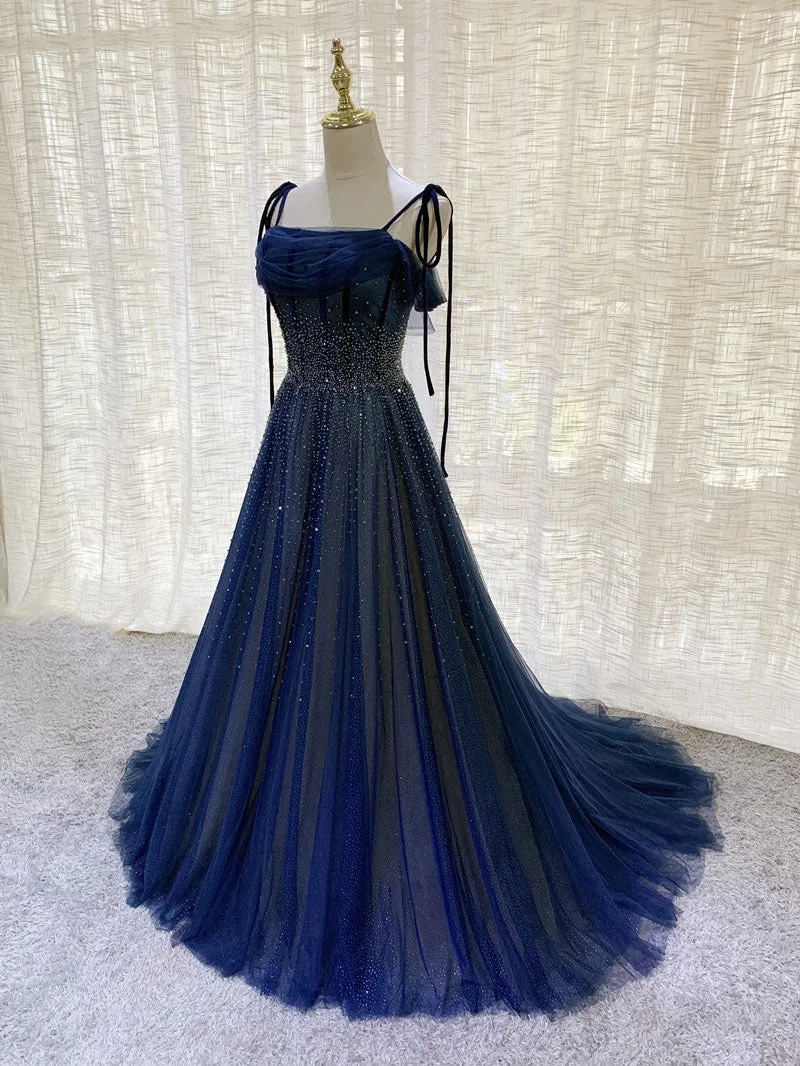 Dark Blue Tulle Sequin Long Prom Dress Blue Tulle Formal Dress