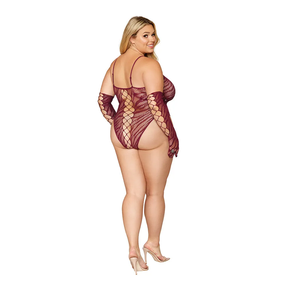 Dreamgirl Seamless Zebra Fishnet Teddy and Glove Set Burgundy Queen Size