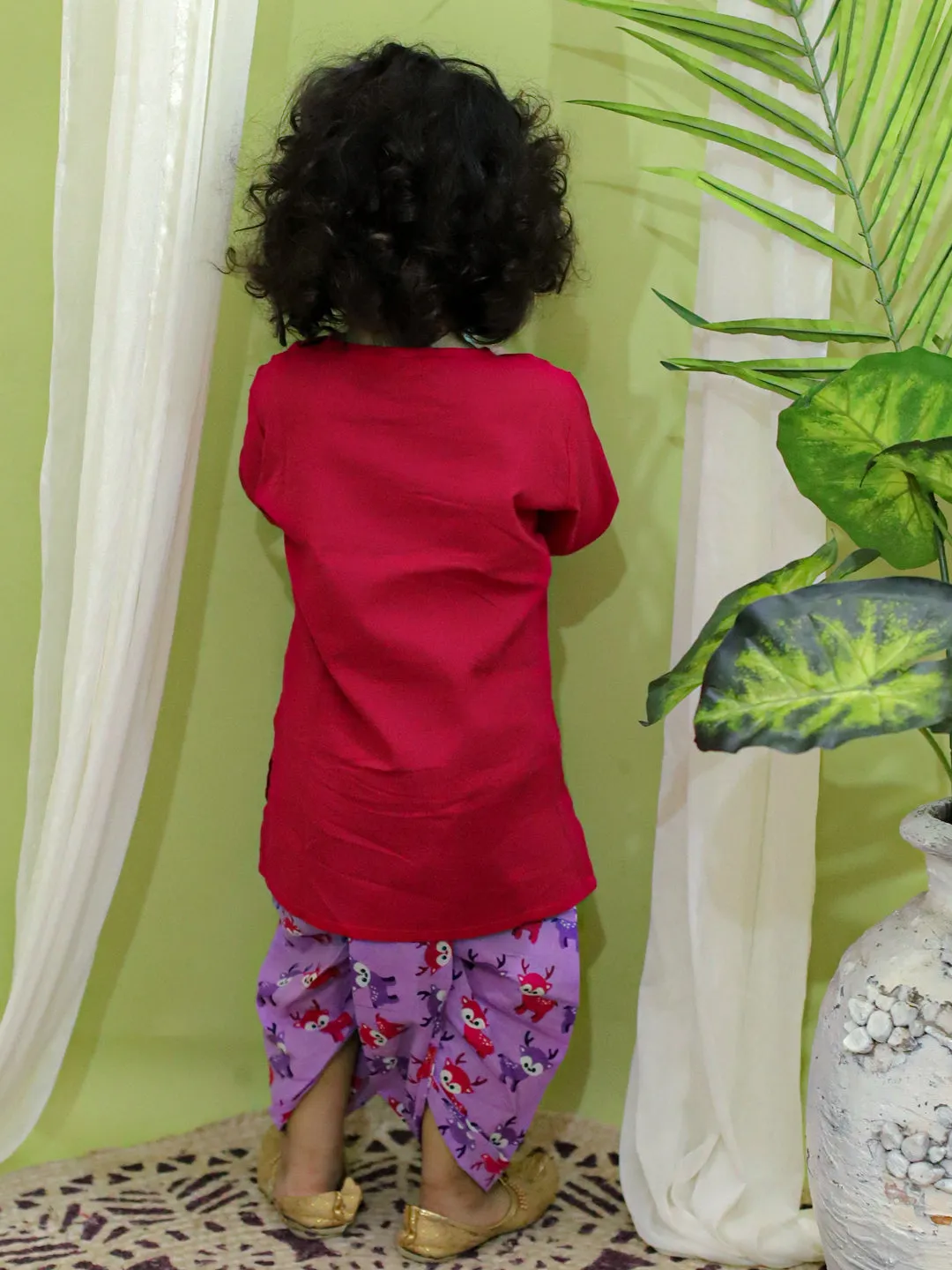 Ethnic festive Wear Embroidered Pure Cotton Kurta with Printed Dhoti for Boys- Purple