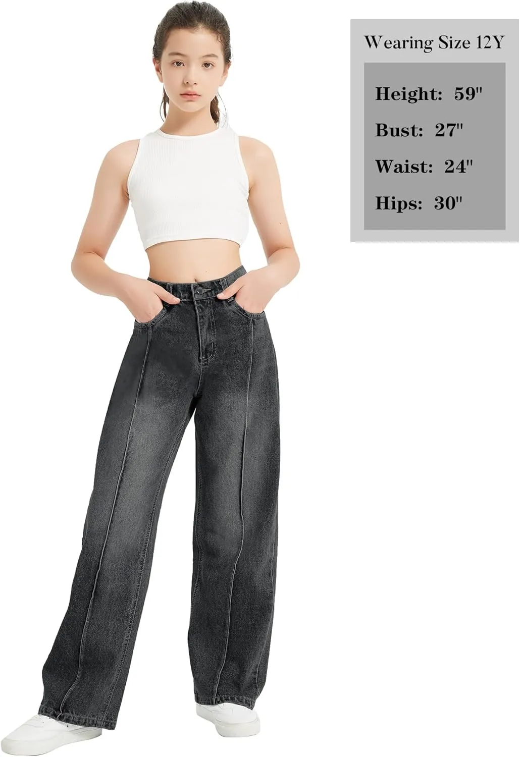 EXARUS Girls Jeans Wide Leg Cute Baggy Teen Denim Pants Mid Rise Elastic Band with Pockets Casual
