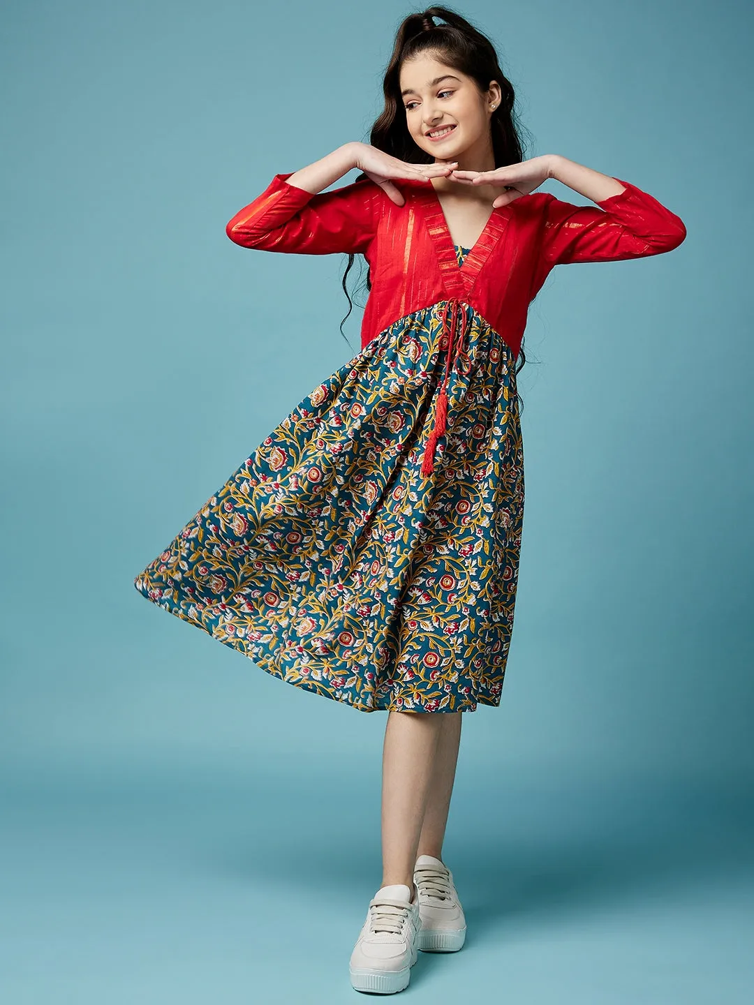 Floral Printed A-Line Cotton Midi Dress
