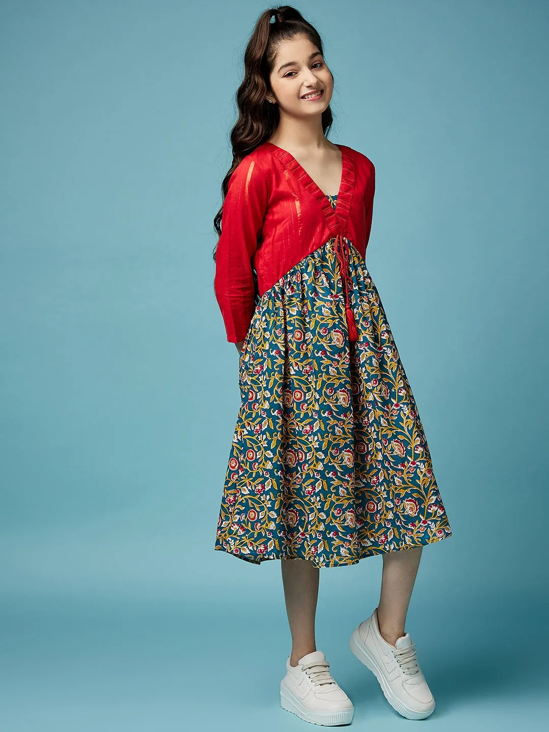 Floral Printed A-Line Cotton Midi Dress