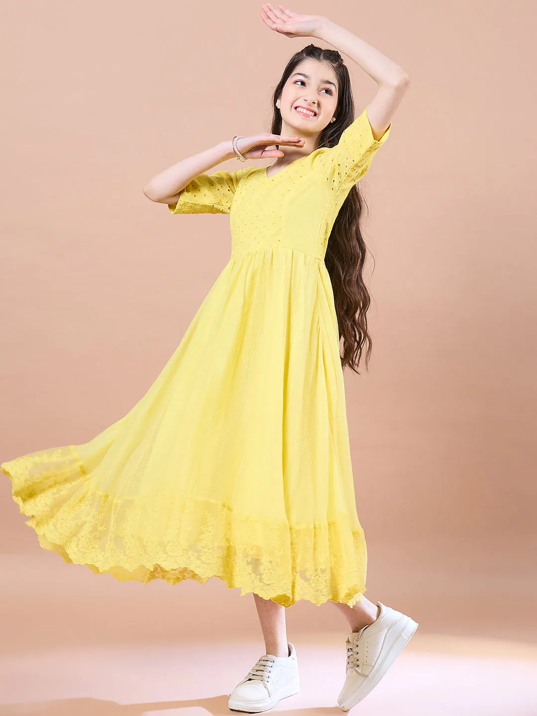 Girls Cotton V-Neck Short Sleeves Fit Flare Midi Dress