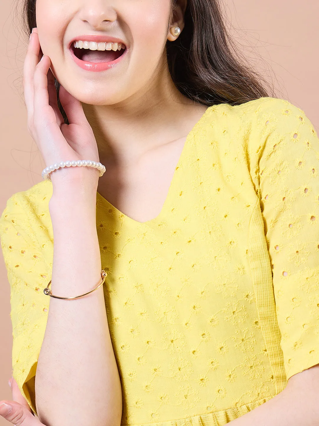 Girls Cotton V-Neck Short Sleeves Fit Flare Midi Dress