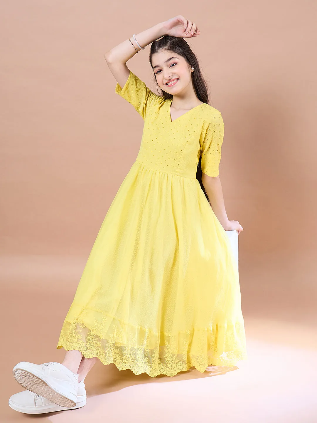 Girls Cotton V-Neck Short Sleeves Fit Flare Midi Dress