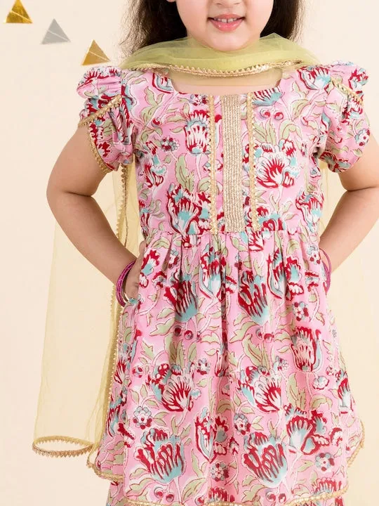 Girls Floral Printed Gotta Patti Pure Cotton Kurta With Sharara Dupatta