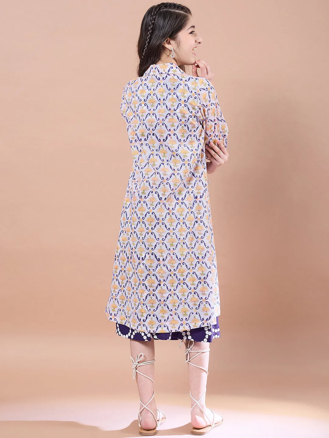 Girls Geometric Print Cotton Round Neck A-Line Midi Dress With Shrug