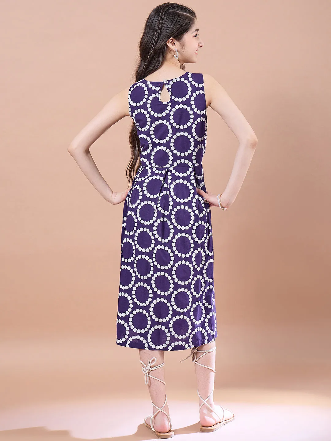 Girls Geometric Print Cotton Round Neck A-Line Midi Dress With Shrug