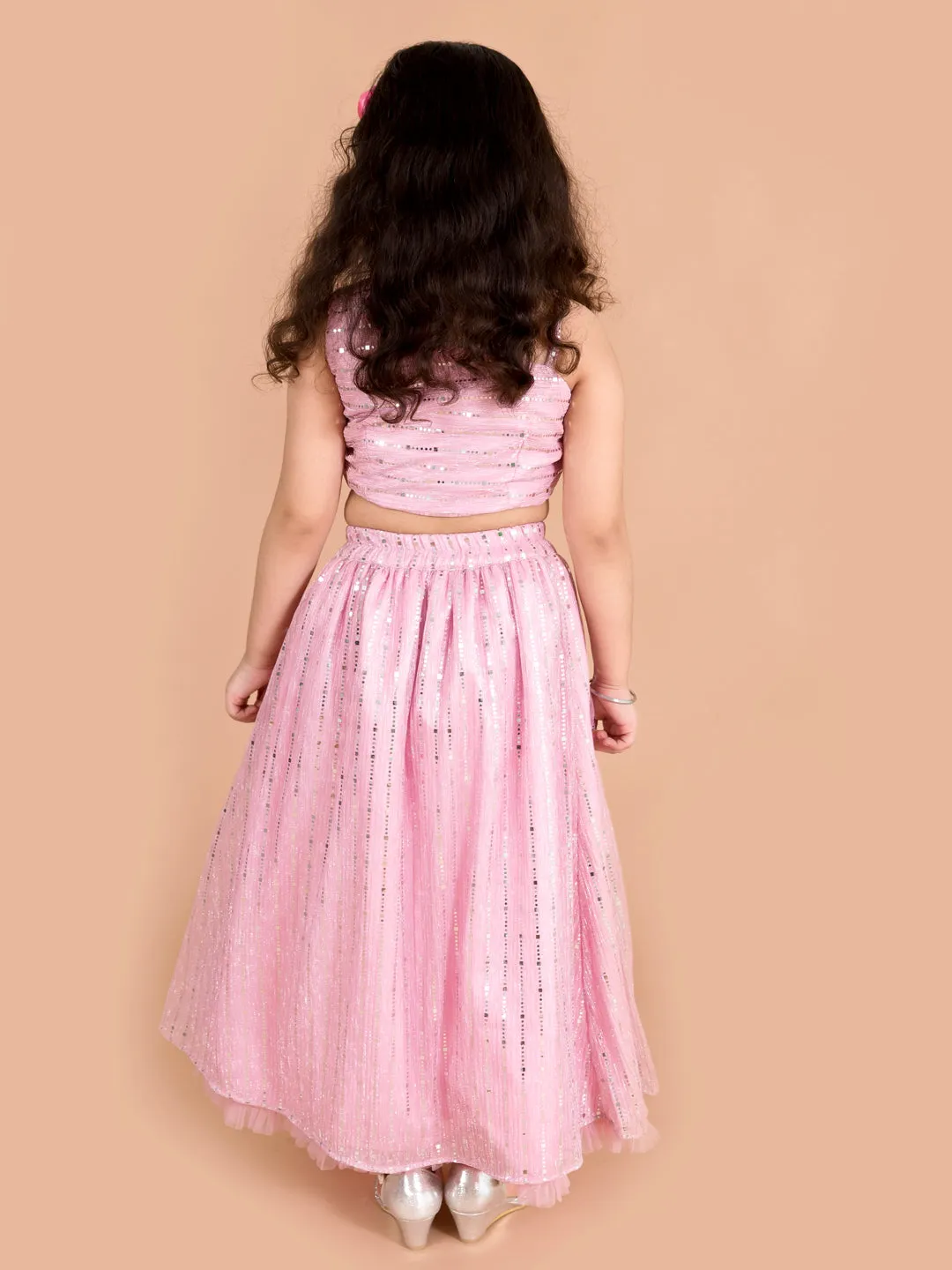 Girls Pink Silver-Toned Embellished Ready To Wear Lehenga