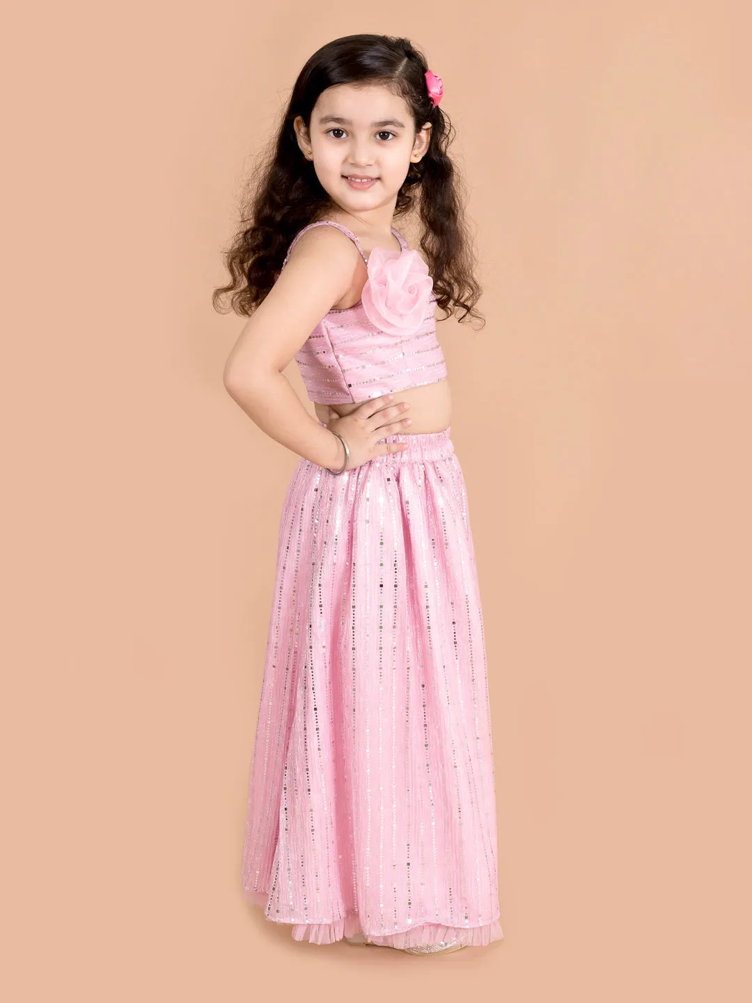 Girls Pink Silver-Toned Embellished Ready To Wear Lehenga