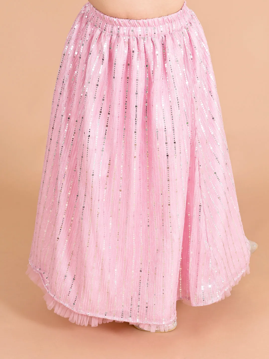 Girls Pink Silver-Toned Embellished Ready To Wear Lehenga