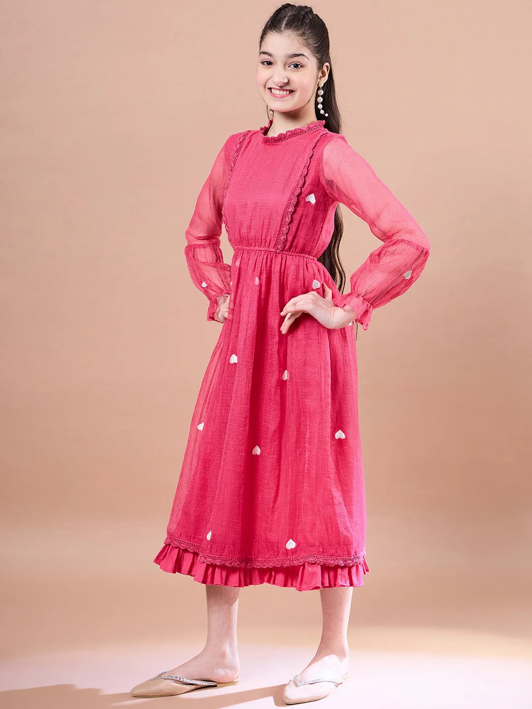 Girls Round Neck Puff Sleeves Fit Flare Midi Dress
