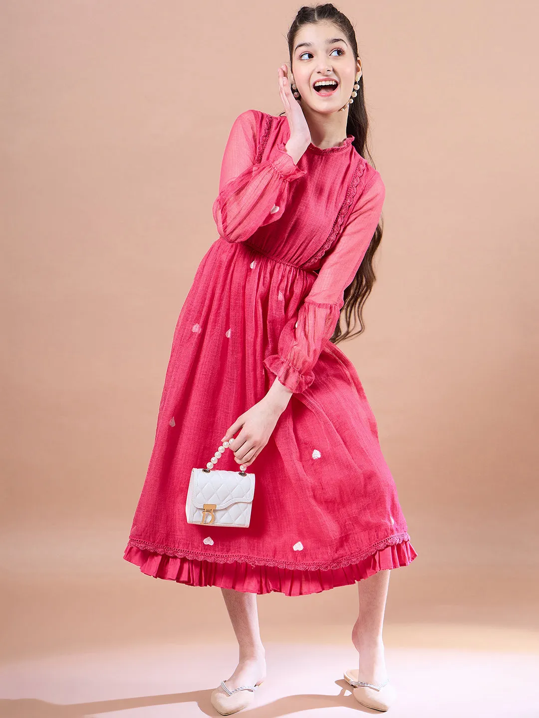 Girls Round Neck Puff Sleeves Fit Flare Midi Dress