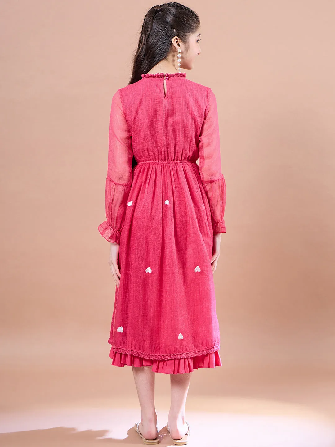 Girls Round Neck Puff Sleeves Fit Flare Midi Dress