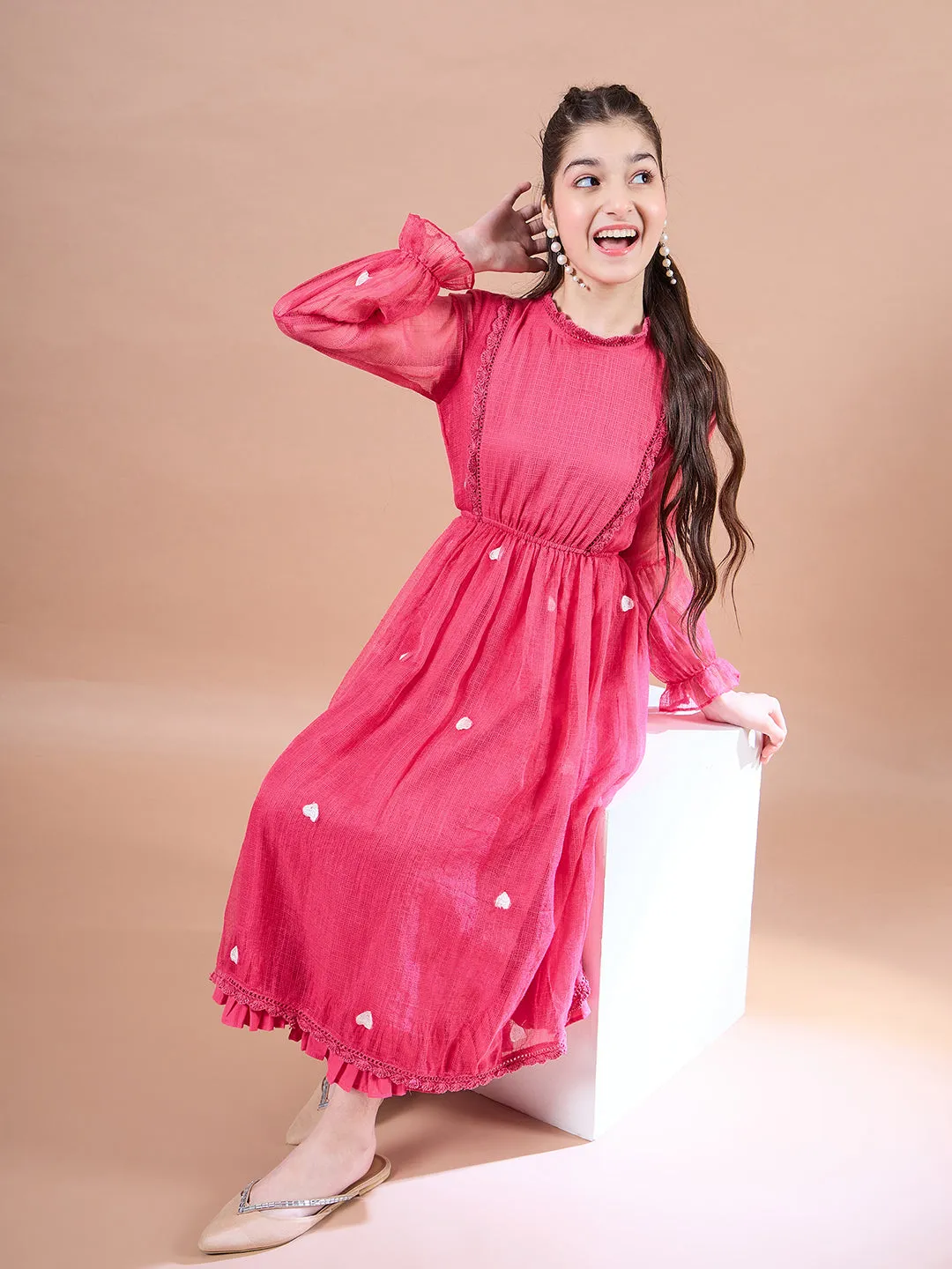 Girls Round Neck Puff Sleeves Fit Flare Midi Dress