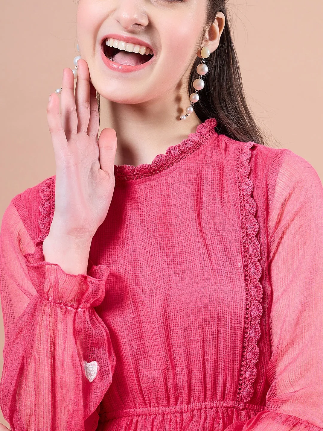 Girls Round Neck Puff Sleeves Fit Flare Midi Dress