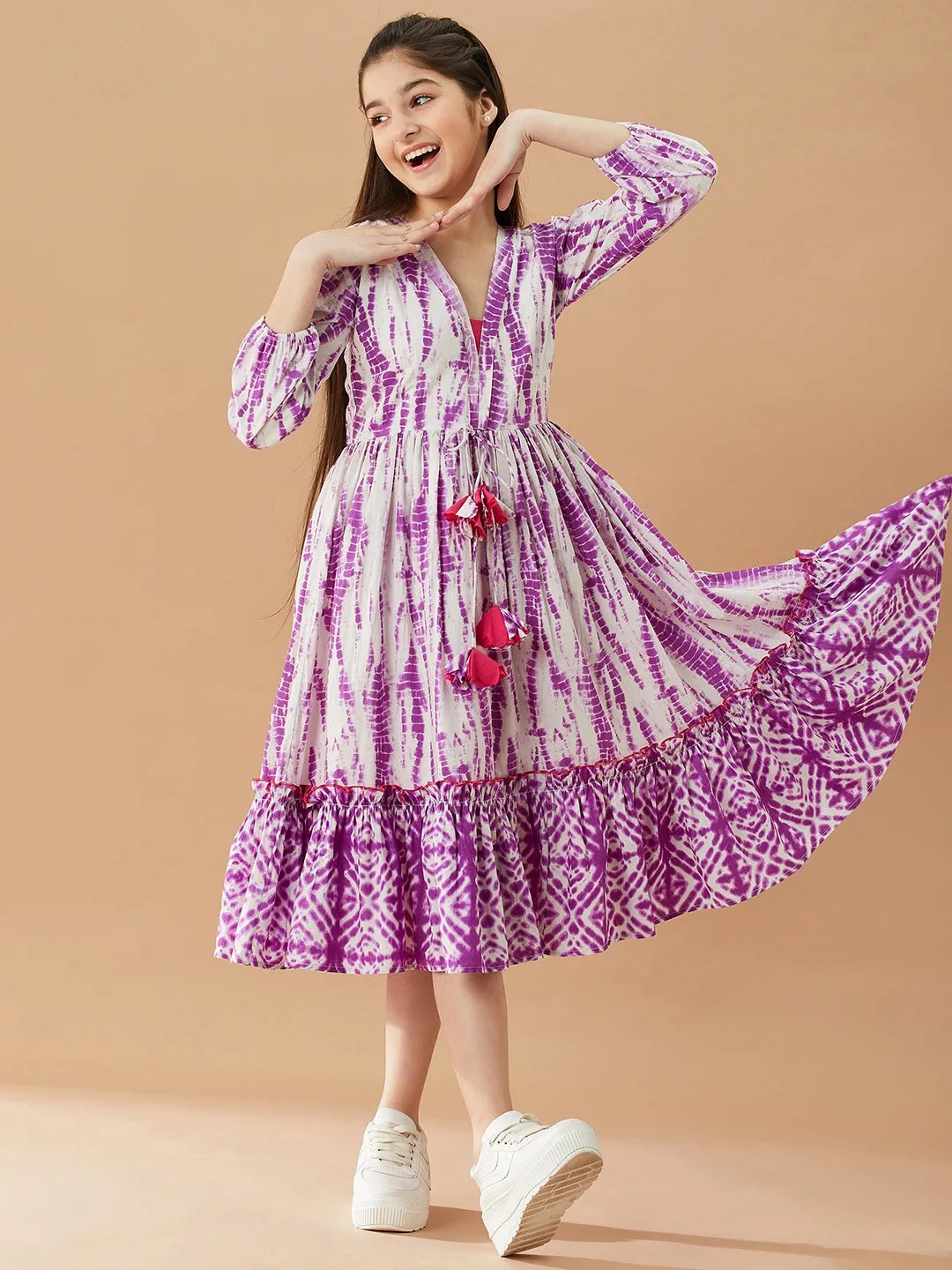Girls Tie And Dye Cotton A-Line Midi Dress