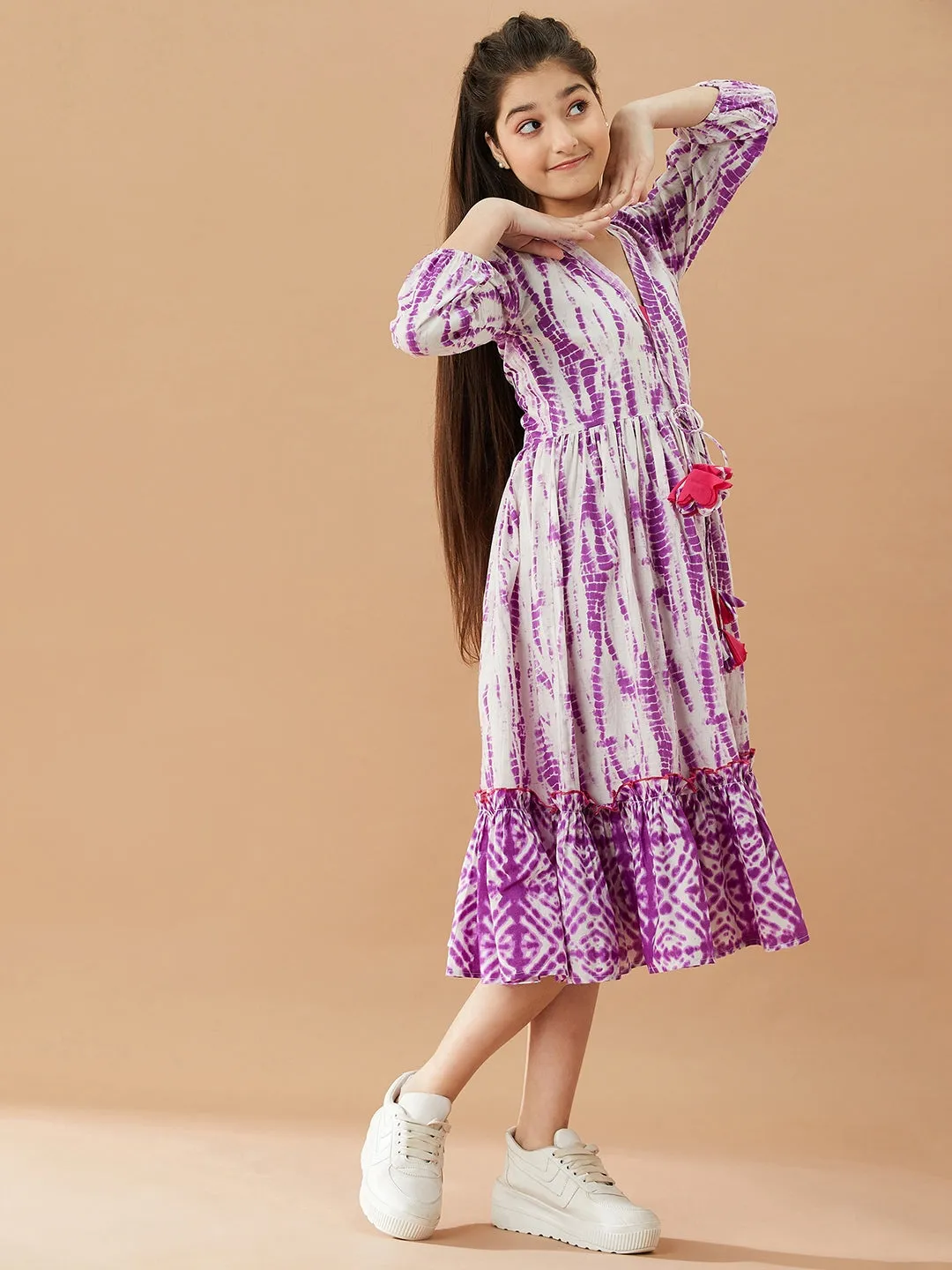 Girls Tie And Dye Cotton A-Line Midi Dress