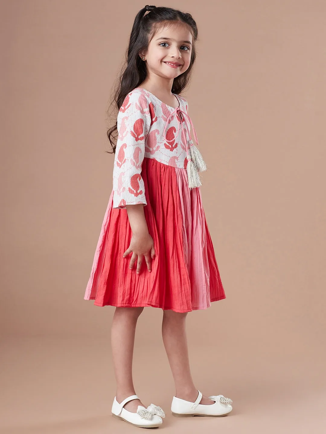 Girls Tie Up Neck Cotton Fit Flare Dress