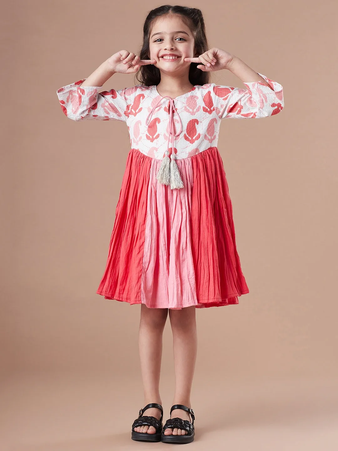 Girls Tie Up Neck Cotton Fit Flare Dress