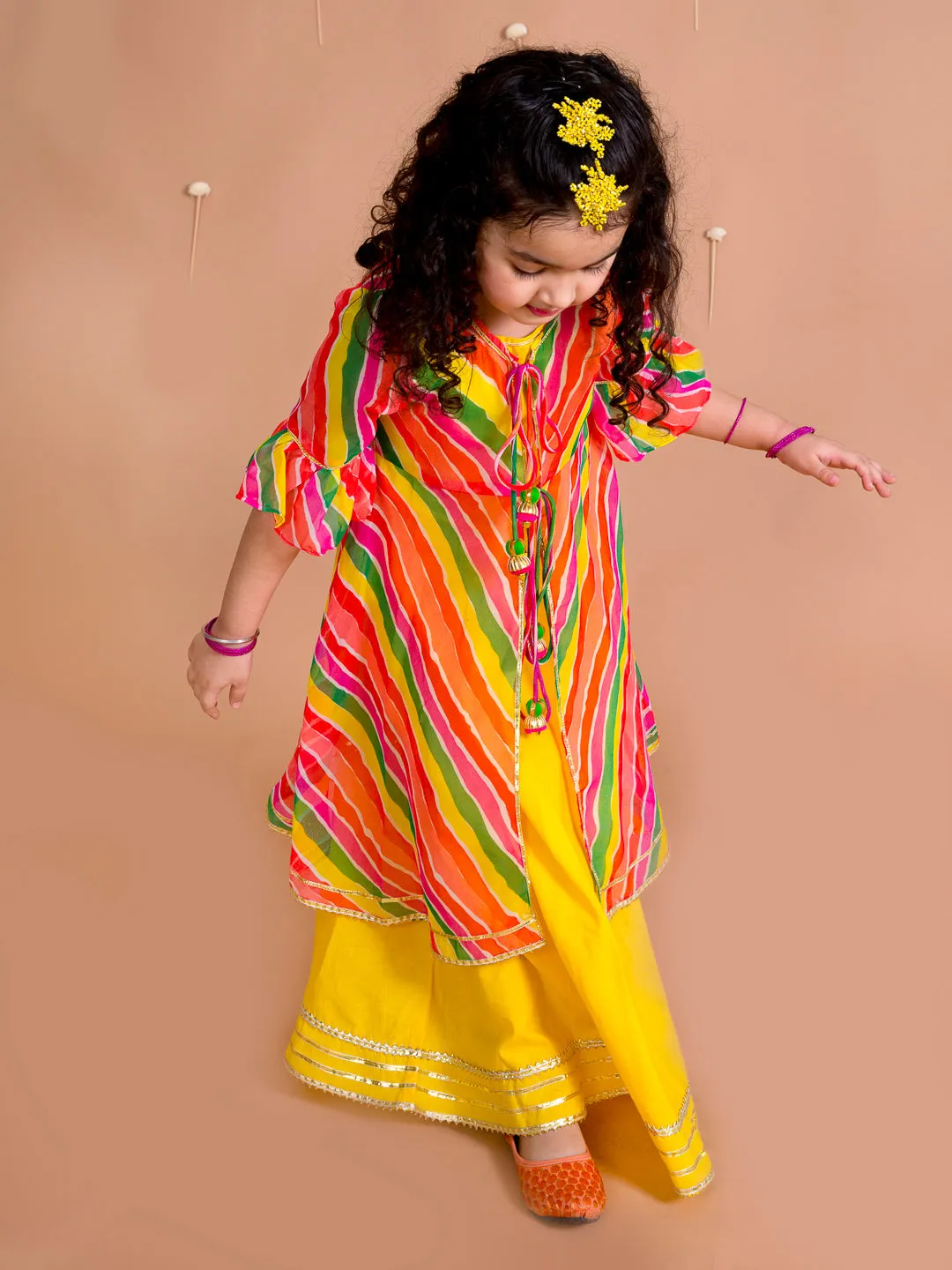 Girls Yellow Orange Geometric Printed Bell Sleeves Kurta