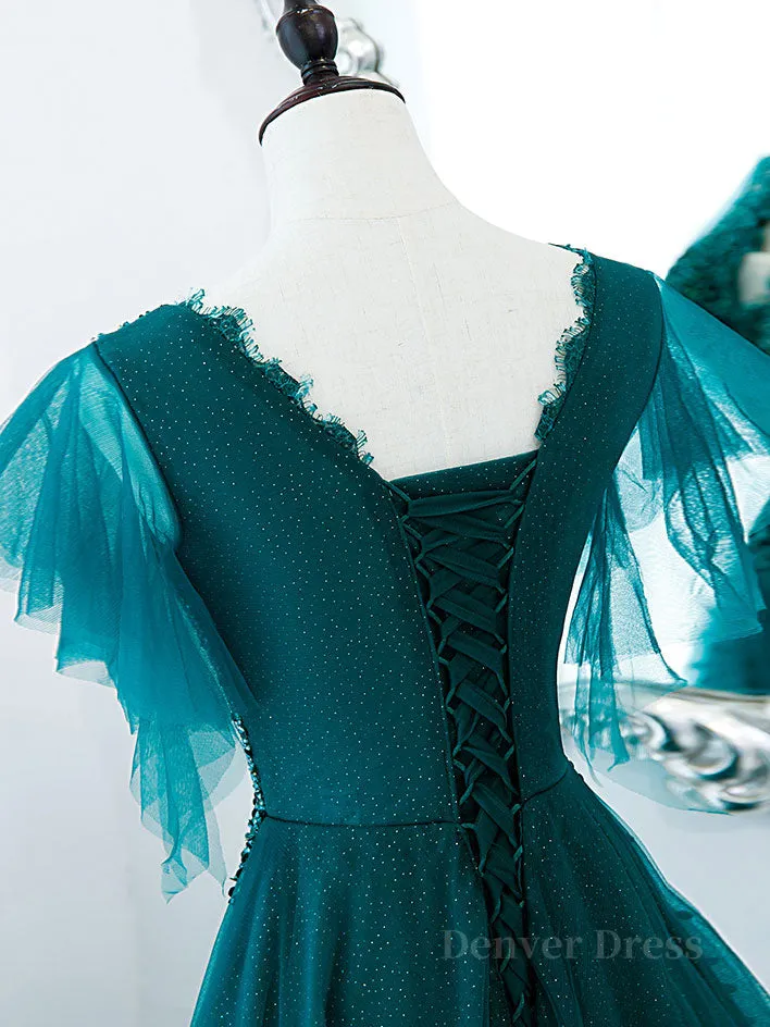 Green v neck tulle beads long prom dress green tulle formal dress