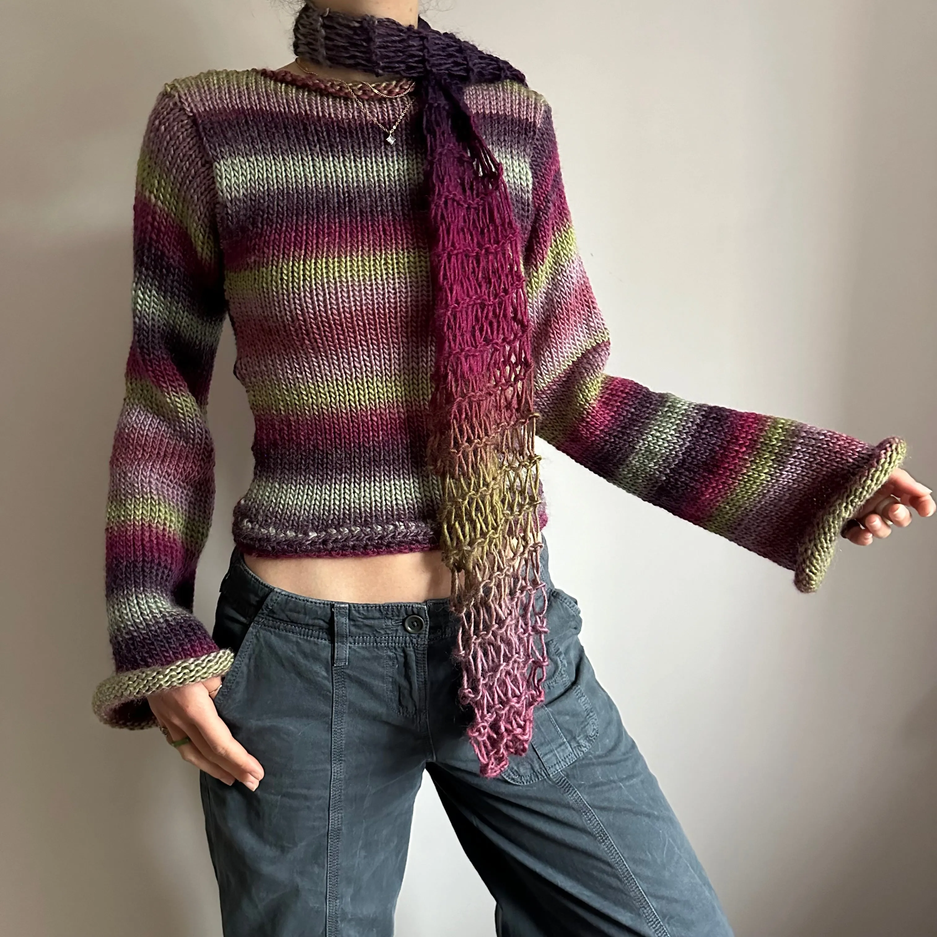 Handmade fishnet knitted scarf in ombré green and purple