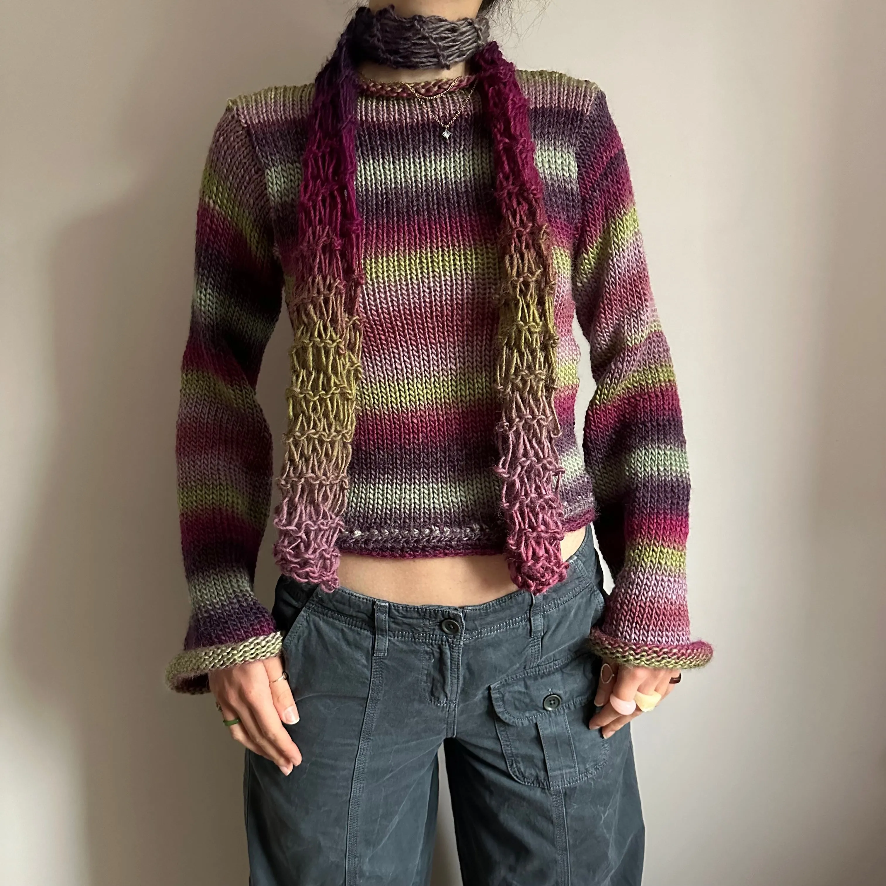 Handmade fishnet knitted scarf in ombré green and purple