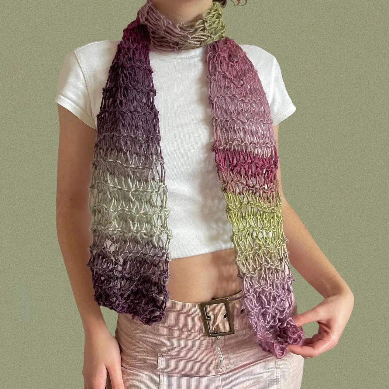 Handmade fishnet knitted scarf in ombré green and purple