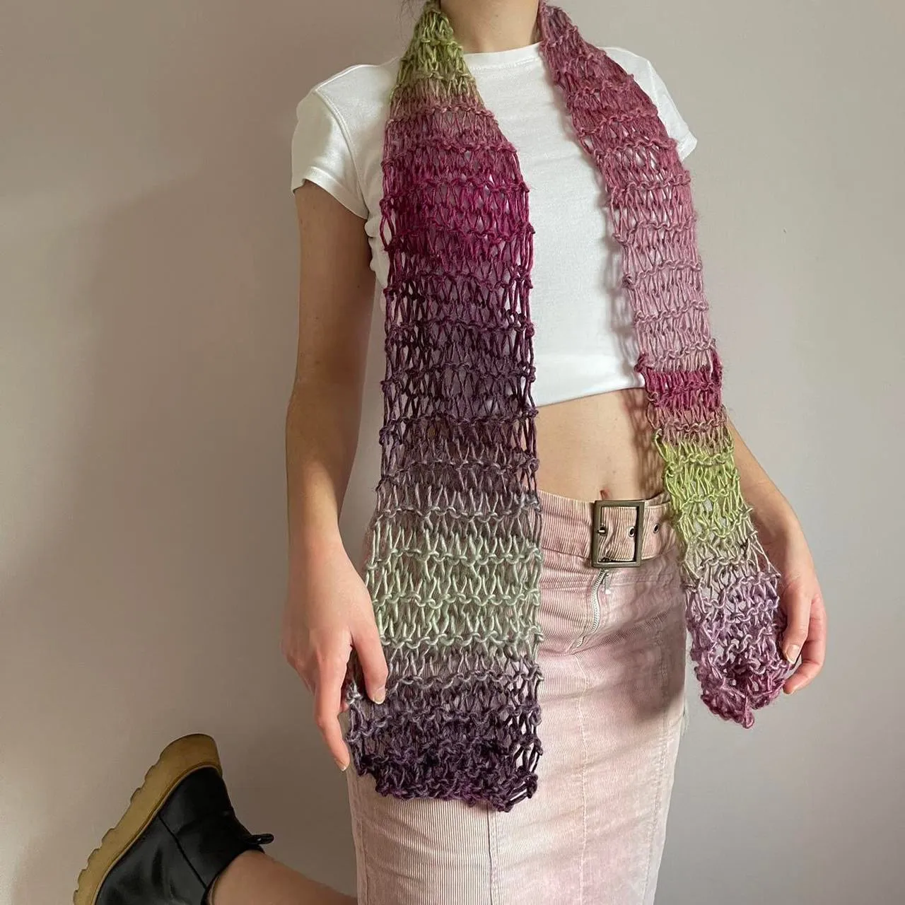 Handmade fishnet knitted scarf in ombré green and purple