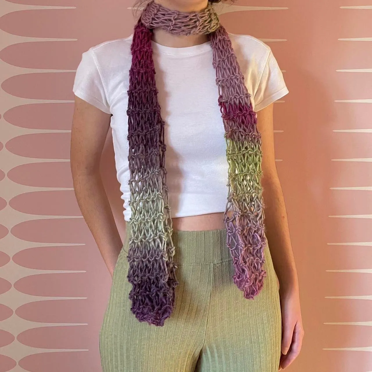 Handmade fishnet knitted scarf in ombré green and purple