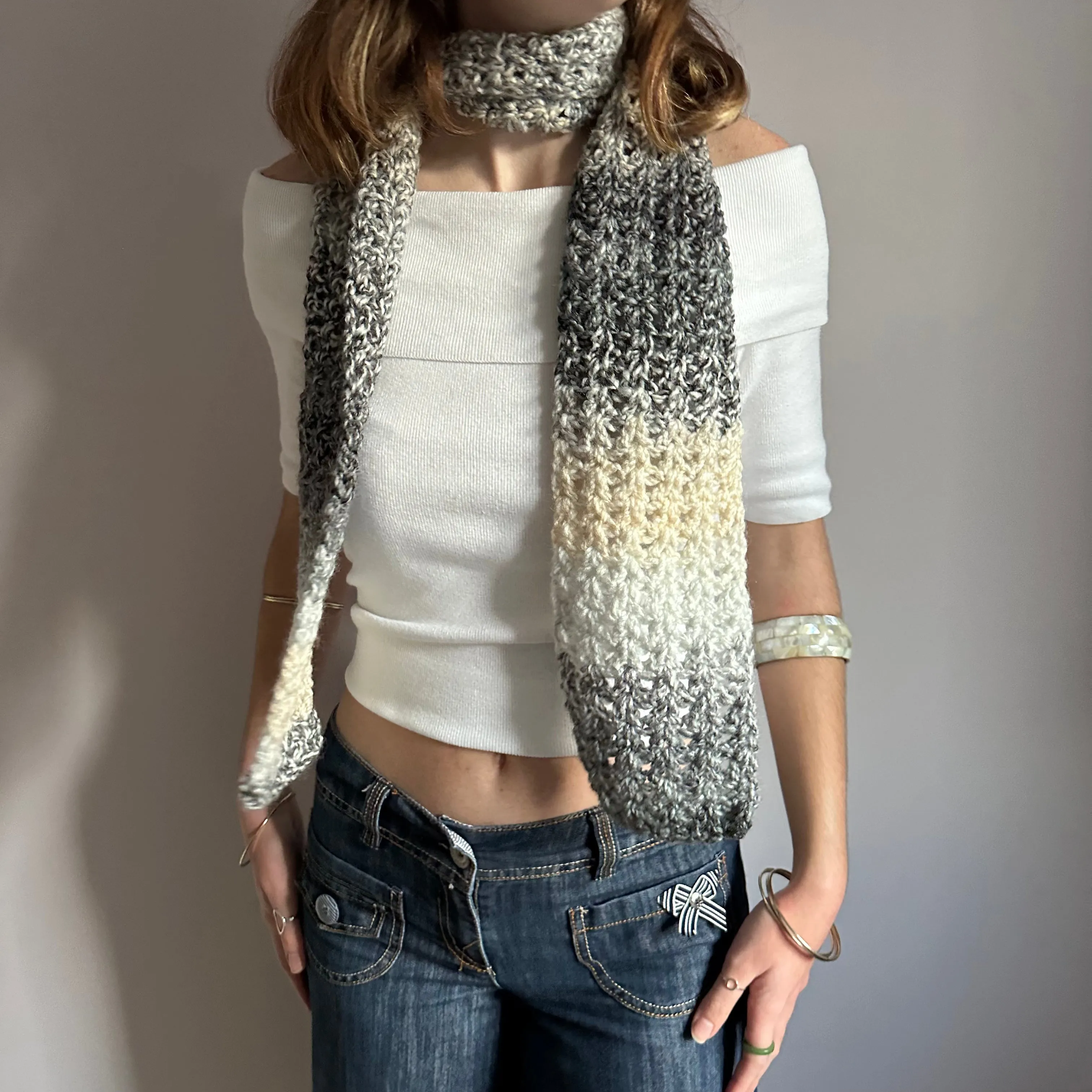 Handmade ombré grey and cream crochet scarf