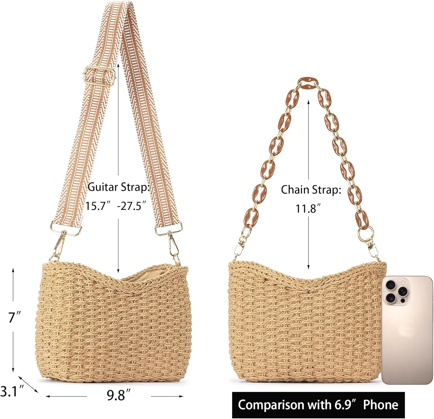 Herald Small Handmade Straw Pocketbook Crossbody Bag for Women, Summer Chic Woven Handbag Shoulder Purse with Chain