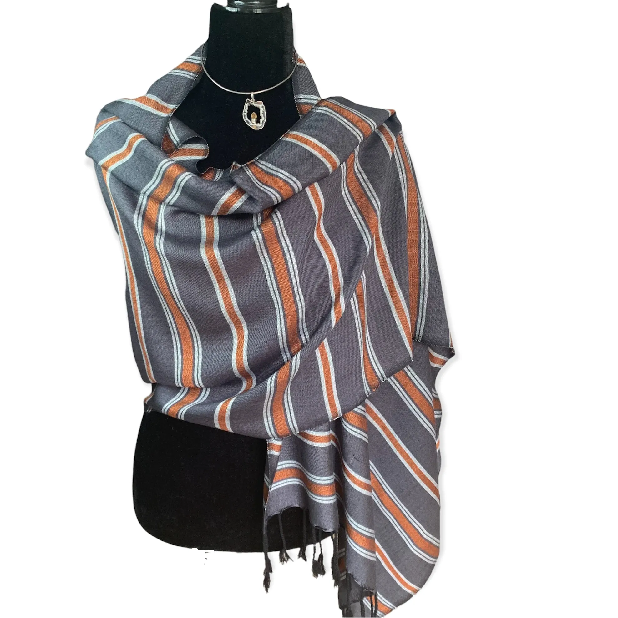 Horizontally Striped Handwoven Scarf - Gray & Copper