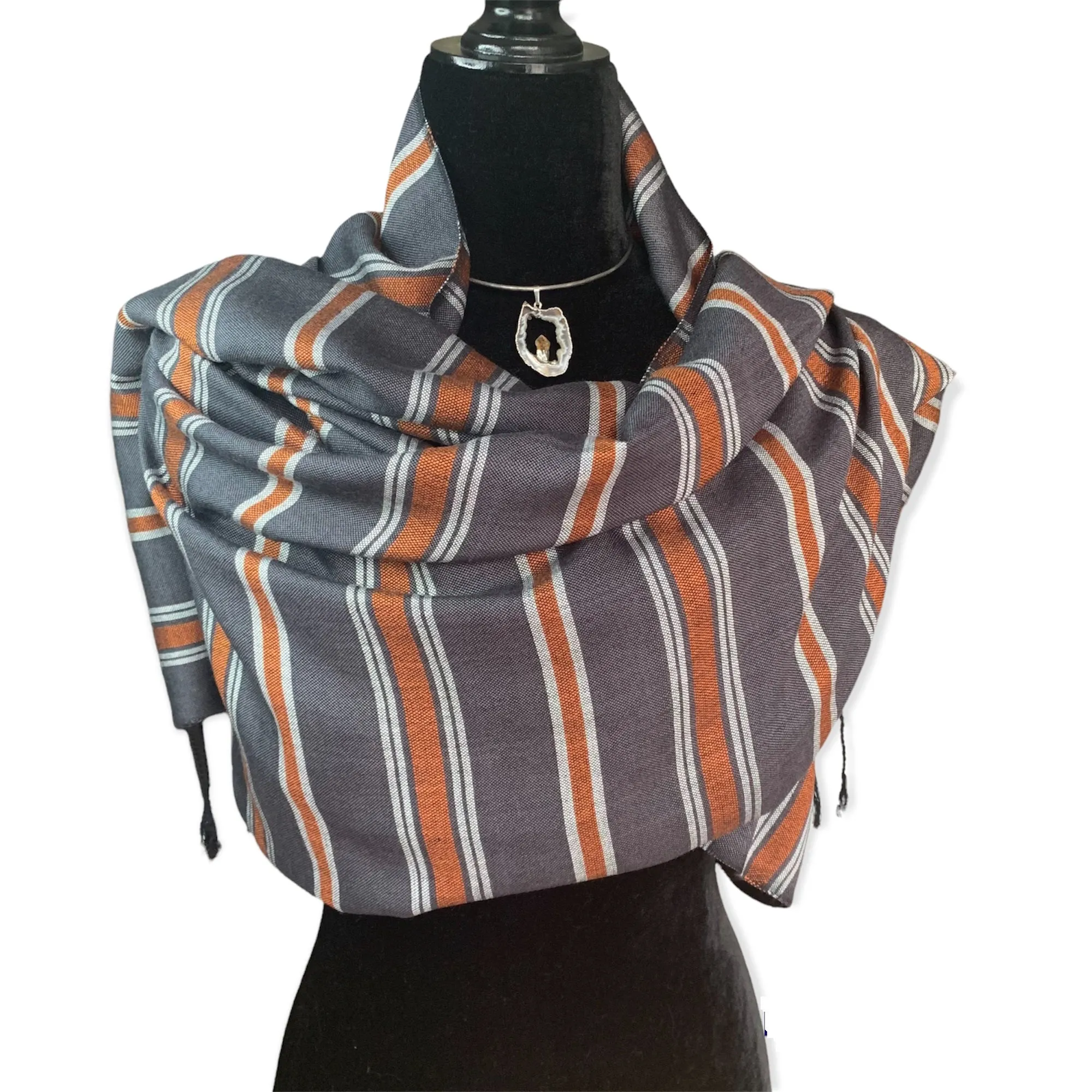 Horizontally Striped Handwoven Scarf - Gray & Copper