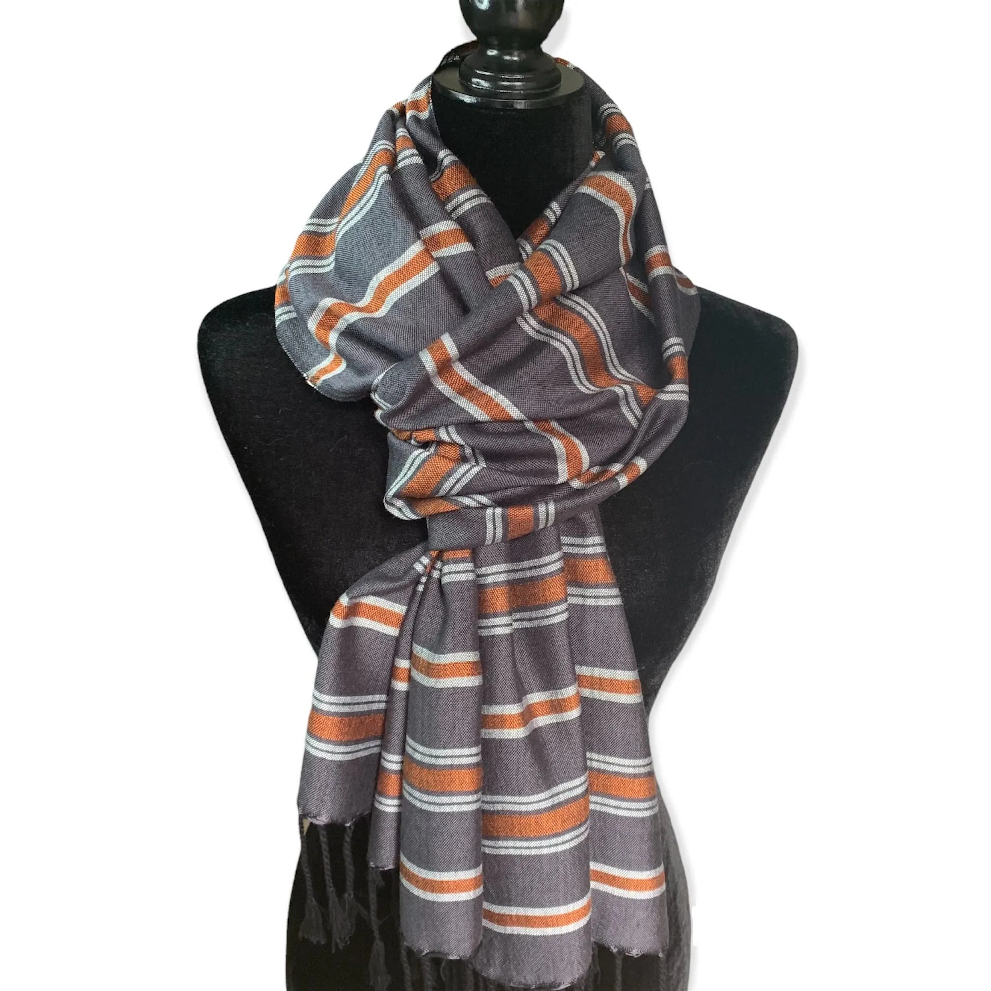 Horizontally Striped Handwoven Scarf - Gray & Copper