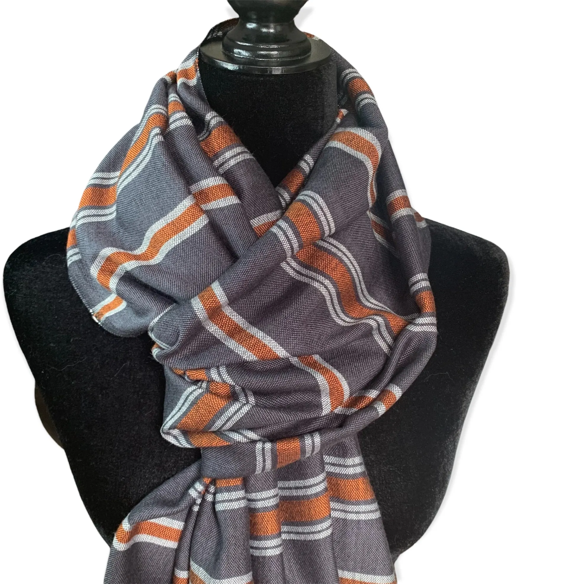Horizontally Striped Handwoven Scarf - Gray & Copper