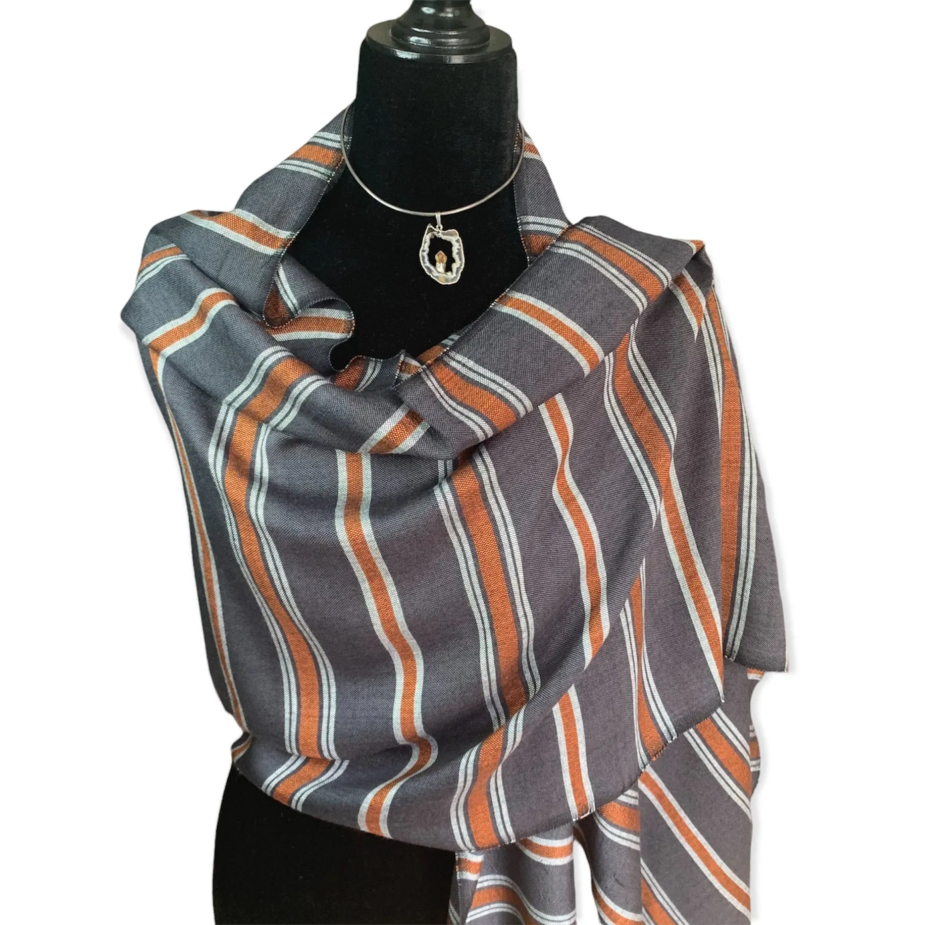 Horizontally Striped Handwoven Scarf - Gray & Copper